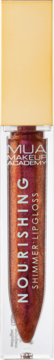 Błyszczyk MUA Nourishing Shimmer Lipgloss w odcieniu miedzianego brązu, w przezroczystej tubce, widok z przodu.
