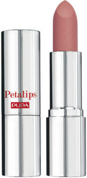 Pupa Petalips 002 Rude Peony, otwarta matowa pomadka w jasnym różu, srebrne etui z napisem.