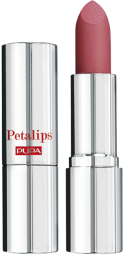 Pupa Petalips 007 Delicate Lily, otwarta pomadka o matowym, różowym sztyfcie w błyszczącym srebrnym etui.