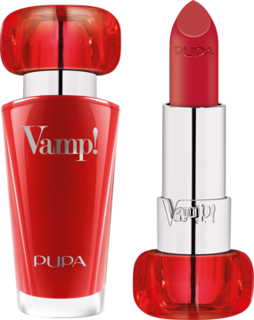 Czerwona pomadka Pupa Vamp! 202 Lovely Cherry z wysuniętym sztyftem i pasujący flakon, oba z napisem Vamp!