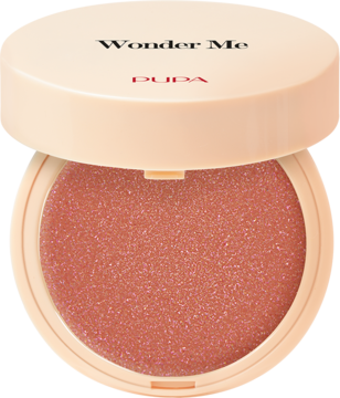 Otwarte opakowanie różu Pupa Wonder Me Blush 003 That's Hot Radiant, z promiennym, różowo-brzoskwiniowym odcieniem.