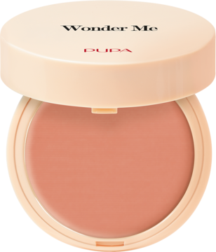 Otwarty róż do policzków Pupa Wonder Me Blush 008 So Cozy Matt w okrągłym, beżowym kompakcie, widok z góry.