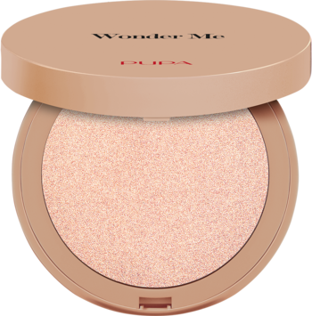 Pupa Wonder Me Glow 101 Rose Gold, rozświetlacz, w otwartym beżowym kompakcie z różowozłotym, błyszczącym pudrem.