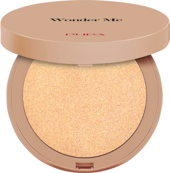 Pupa Wonder Me Glow 102 Pure Gold, rozświetlacz w otwartym, beżowym kompakcie, widok z góry.