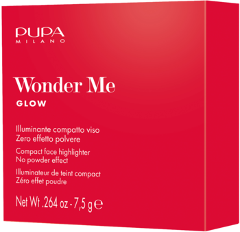 Czerwone pudełko Pupa Milano Wonder Me Glow Compact Face Highlighter z białymi napisami, widok z przodu pod kątem.