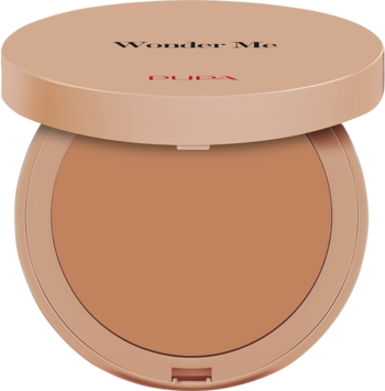 Pupa Wonder Me Bronzer 002 Medium Warm, okrągły puder brązujący w otwartej, beżowej puderniczce z logo.