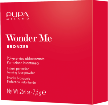 Pupa Wonder Me Bronzer, czerwone opakowanie z białymi napisami. Widok z przodu, lekko pod kątem, 7,5 g.