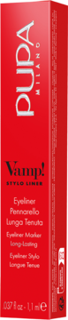 Czerwone opakowanie eyelinera Pupa Vamp! Stylo Liner, widok z przodu, z czarno-białymi napisami.