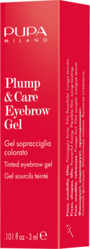 Czerwone opakowanie PUPA MILANO Plump & Care Eyebrow Gel z białym tekstem, widok z przodu i z boku.