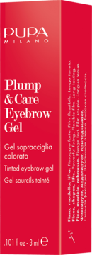 Czerwone opakowanie żelu Pupa Plump & Care Eyebrow Gel, widok z przodu, białe napisy, .101 fl oz.