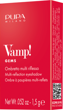 Czerwone opakowanie cienia do powiek Pupa Vamp! Gems Multi-reflection eyeshadow, widok z przodu, 1.5g.