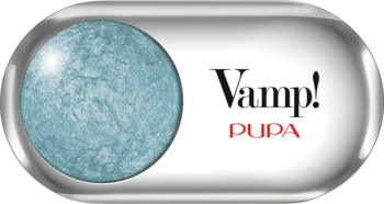 Zbliżenie na owalne opakowanie Vamp! Wet&Dry 306 Bon-Ton Blue. Metaliczny, jasnoniebieski cień, kremowo-pudrowy.