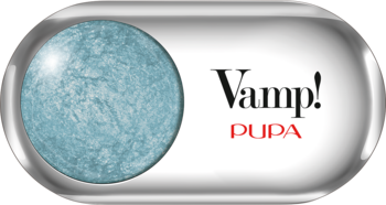 Zbliżenie na owalne opakowanie Vamp! Wet&Dry 306 Bon-Ton Blue. Metaliczny, jasnoniebieski cień, kremowo-pudrowy.