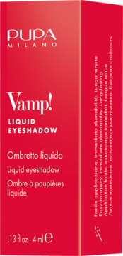 Czerwone opakowanie Pupa Vamp! Liquid Eyeshadow 4ml z białymi napisami, z przodu i na boku opakowania.
