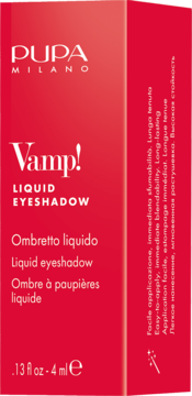 Pupa Vamp! Liquid Eyeshadow w czerwonym pudełku, widok z przodu i boku, z napisami w kilku językach.