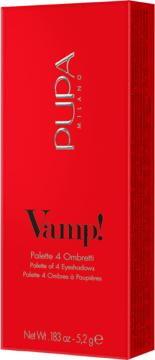 Czerwone pudełko palety cieni PUPA MILANO Vamp! z 4 odcieniami, srebrne logo, widok z przodu.