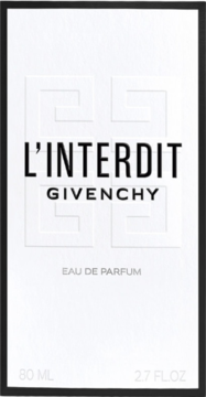 Białe pudełko perfum L'Interdit Givenchy Eau de Parfum z czarnym napisem i wytłoczonym logo, widok frontalny.