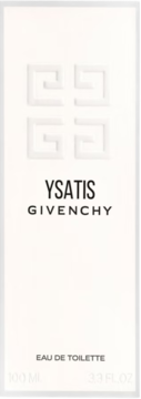 Białe opakowanie Givenchy Ysatis Eau de Toilette 100ml, front, z czarnymi napisami i wytłoczonym logo.