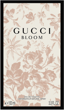 Opakowanie Gucci Bloom Eau de Toilette, kremowe z różowym kwiatowym wzorem i czarną ramką, widok z przodu.