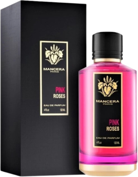 Mancera Pink Roses EDP: różowa butelka ze złotym dnem i czarną nakrętką, obok czarne pudełko z logo. Widok z przodu.