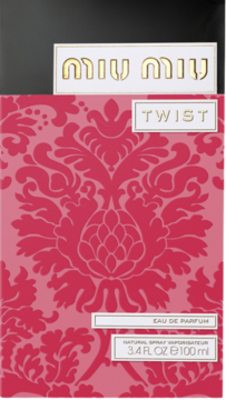 Miu Miu Twist EDP 100ml w fuksjowym pudełku z damaskowym wzorem, białe logo Miu Miu na górze. Widok z przodu.