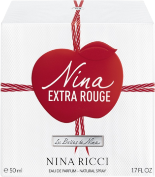 Nina Extra Rouge Eau de Parfum, białe opakowanie z dużym czerwonym jabłkiem i czerwoną wstążką, widok z przodu.