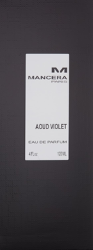 Białe pudełko perfum Mancera Aoud Violet Eau de Parfum 120 ml z czarnym napisem, widok z przodu.