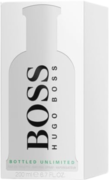 Białe opakowanie wody toaletowej Hugo Boss Bottled Unlimited 200ml, z czarnym logo i zielonym tekstem, widok z przodu.