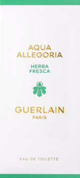 Białe pudełko Guerlain Aqua Allegoria Herba Fresca EDT z zielonymi paskami i złotymi napisami, widok z przodu.