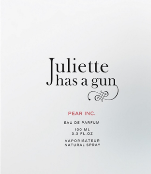 Etykieta perfum Juliette has a gun Pear Inc. 100ml, z czarnym napisem i czerwonym 'PEAR INC.' na białym tle.