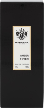 Black box for Mancera Amber Fever Eau de Parfum, front view. White label with iris logo, 120ml.