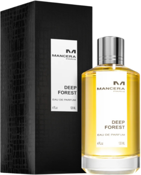 Mancera Deep Forest Eau de Parfum w złotej butelce z srebrnym korkiem, na tle czarnego, teksturowanego opakowania.
