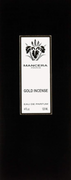 Mancera Gold Incense Eau de Parfum 120ml w czarnym pudełku z białą etykietą i czarnym logo irysa, widok z przodu.