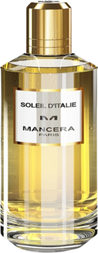 Złoty flakon wody perfumowanej Mancera Soleil D'Italie, biała etykieta, widok z przodu.