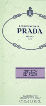 Prada Infusion de Figue woda perfumowana, jasnozielone pudełko 100ml z fioletową etykietą, widok z przodu.
