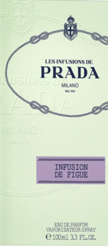 Prada Infusion de Figue woda perfumowana, jasnozielone pudełko 100ml z fioletową etykietą, widok z przodu.