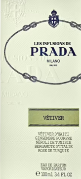 Prada Les Infusions de Vétiver EDP box, cream, front view, with green VÉTIVER label and embossed logo.