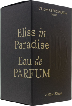 Czarna prostokątna kasetka perfum Thomas Kosmala Bliss in Paradise Eau de Parfum ze złotym napisem, widok pod kątem.