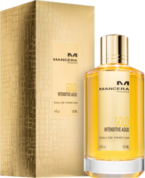 Mancera Gold Intensive Aoud EDP, złota butelka perfum obok pasującego pudełka, widok przód-bok.
