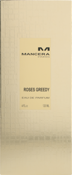 Mancera Roses Greedy, perfumy 120ml, złoto-beżowe pudełko z teksturą w paski, widok z przodu.