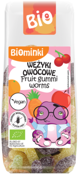 Biominki Wężyki Owocowe, wegańskie i bezglutenowe żelki w przezroczystym opakowaniu, widok z przodu.