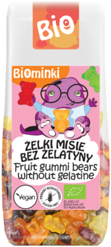 Biominki Żelki Misie Bez Żelatyny, wegańskie i bezglutenowe żelki w przezroczystej torebce, widok z przodu.