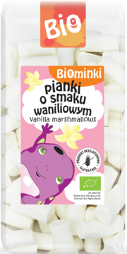 Białe waniliowe pianki marshmallows Biominki, bezglutenowe, w przeźroczystym opakowaniu, różowa etykieta.