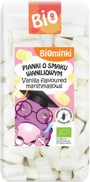 Biominki waniliowe pianki marshmallows, białe, bezglutenowe. Widok z przodu, różowa etykieta z fioletową postacią.