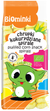 Opakowanie Biominki chrupki kukurydziane spirale, widok z przodu, z zielonym stworkiem i etykietą bezglutenową.