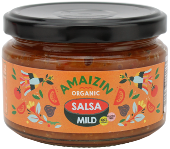 Słoik organicznego sosu salsa Amaizin Mild z pomarańczową etykietą i czarną zakrętką, widok z przodu.