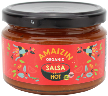 Pikantna salsa Amaizin Organic Hot w szklanym słoiku z czerwoną etykietą z ptakami i napisem HOT, widok z przodu.