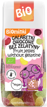 Przezroczysta torebka Biominki z kolorowymi galaretkami owocowymi BIO, wegańskimi, bez żelatyny.