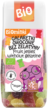 Przezroczysta torebka z Biominki Galaretki owocowe BIO bez żelatyny, wegańskie i bezglutenowe.