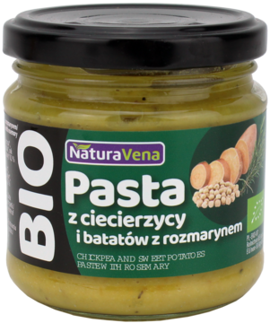 Słoik Natura Vena Pasta z ciecierzycy i batatów z rozmarynem, zielona etykieta, widok z przodu.
